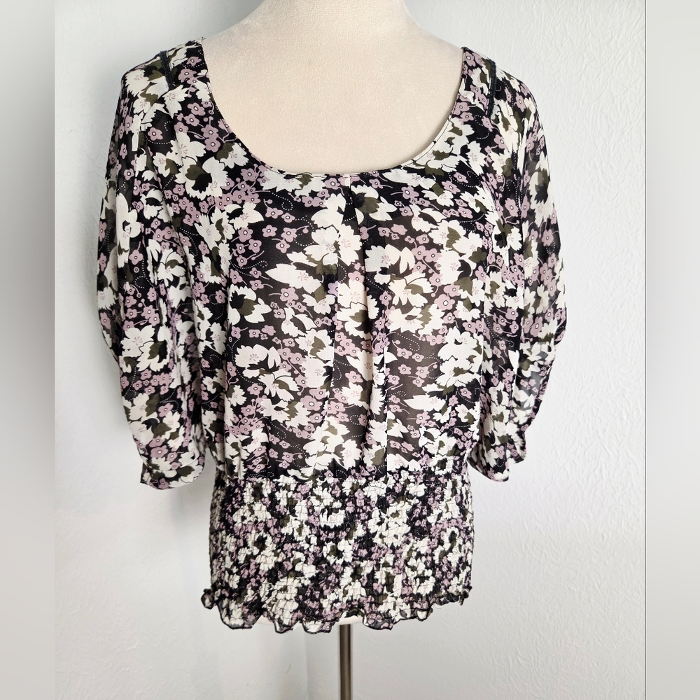 Charlotte Russe Black White & Purple Floral Top Dolman Sleeves Shirred Hem, Lge